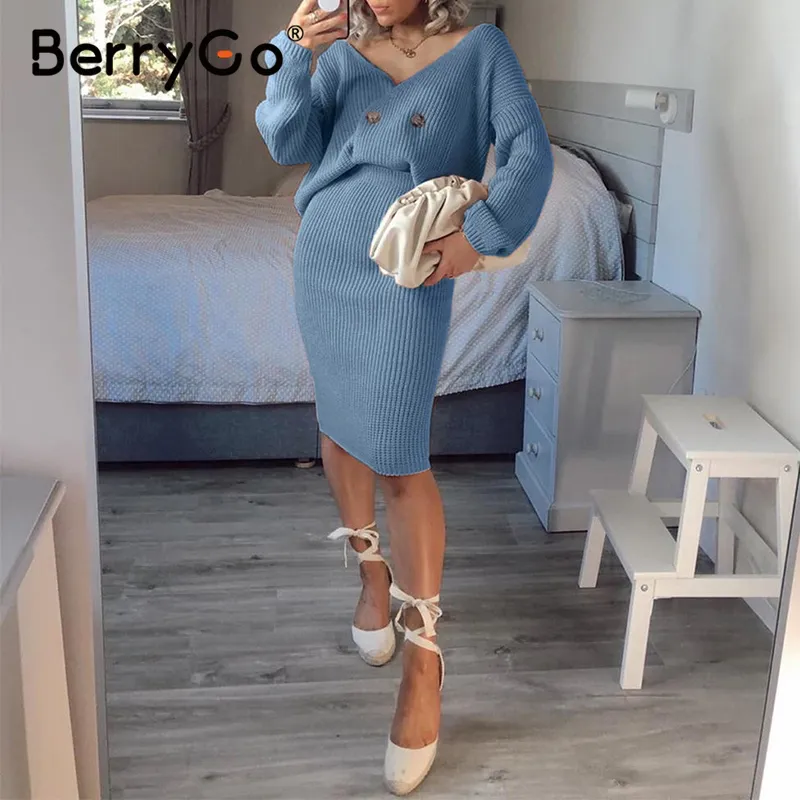 BerryGo Sexy V-Col V-Col Femmes Jupe tricotée Costumes Automne Hiver Manches longues Deux pièces Robe élégante fête femme robe pull bleu 210303