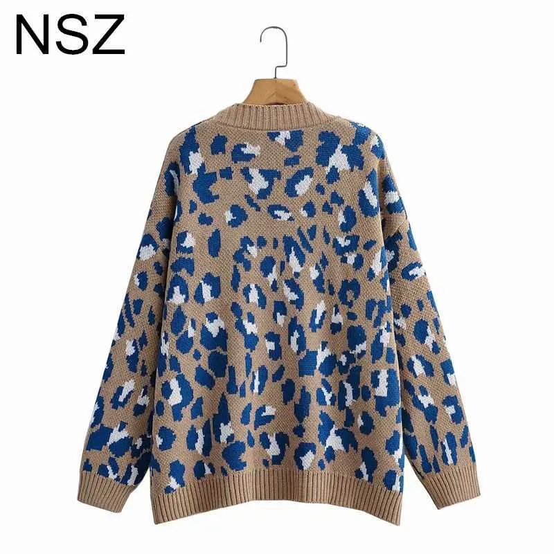 NSZ Women Animal Print Leopard Oversized Sweater Cardigan Autumn Wide Large Size Knit Jacket Coat Jumper Knitwear Jersey 211011