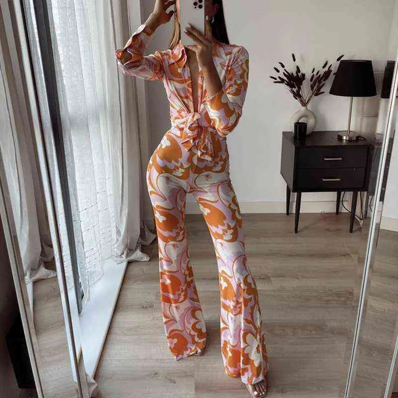 La camicia vintage da donna arancione slim con stampa imposta la primavera elegante fiore femminile coordinato da donna streetwear abiti a maniche lunghe 211105