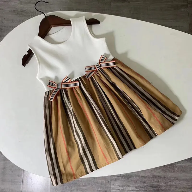 2021 Lato Nowa Dziewczyna Designer Princess Dress Dzieci Stripe Bowknot Plisowane sukienki Dzieci Słodka Bez Rękawów Kamizelka Sukienka Sundress C6954