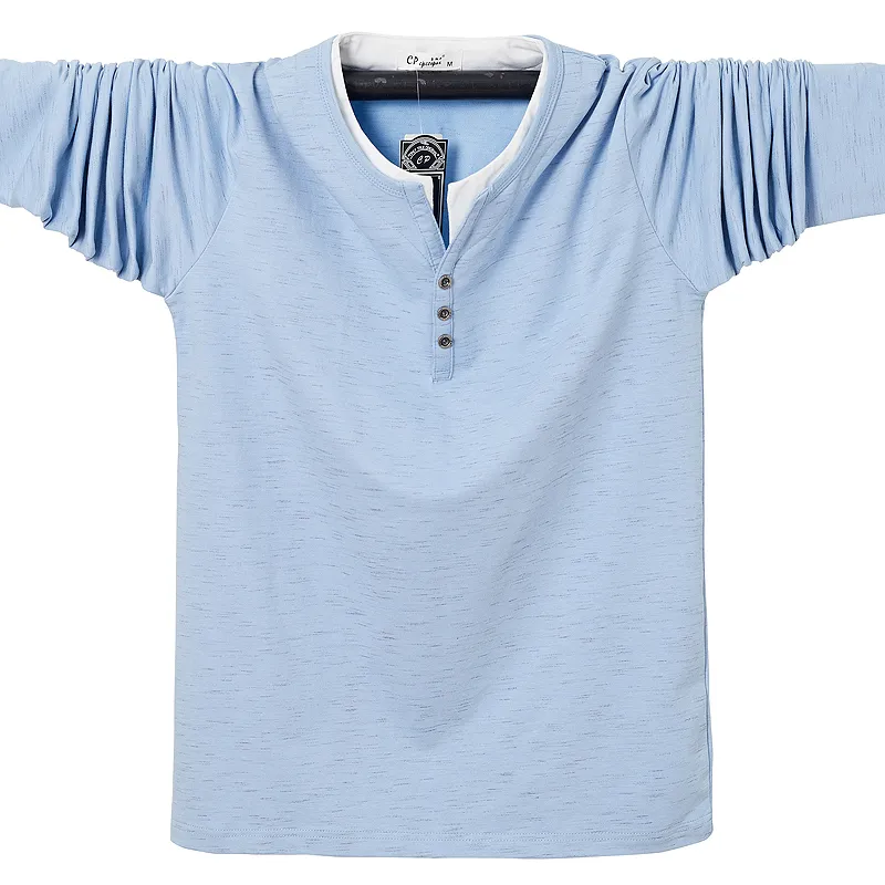 패션 가을 브랜드 트렌드 슬림 맞는 긴 소매 티셔츠 남성 패치 워크 칼라 티 탑 V 넥 티셔츠 코튼 플러스 크기 6xL 220214