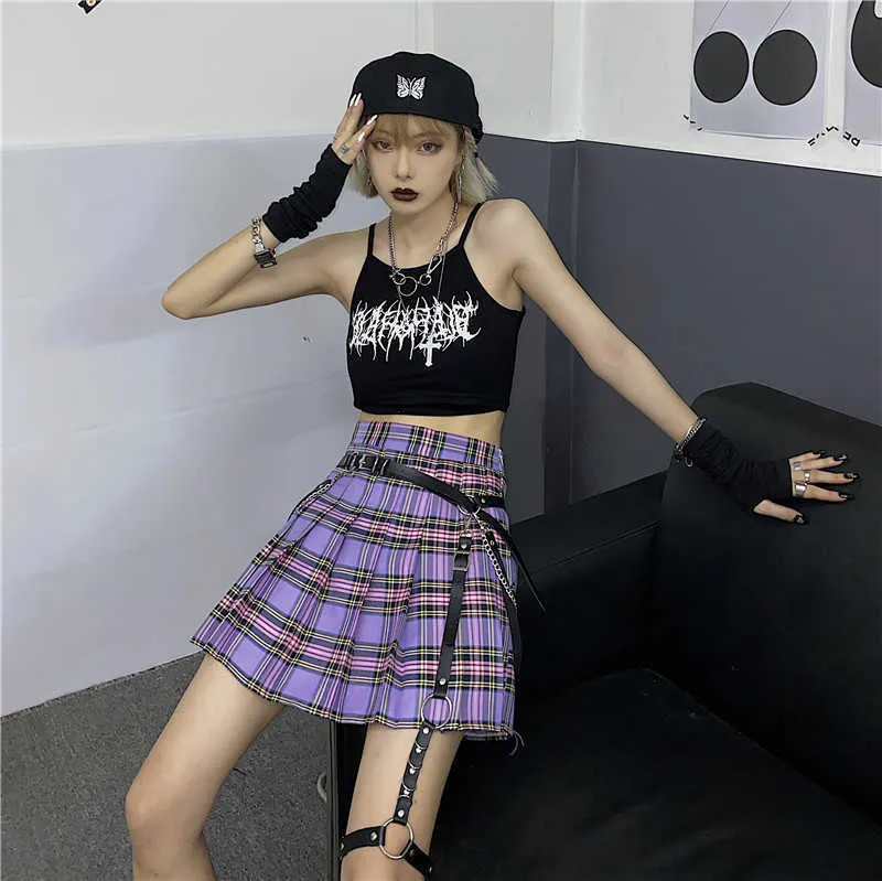GOTH GIRL Harajuku Streetwear Gonna Donna Punk Fahsion Vita alta A-line pieghettata viola plaid Femme Non includere cintura 210629