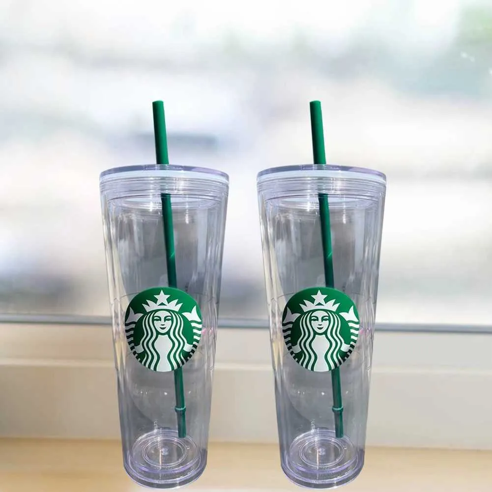 Ready Stock återanvändbar Starbucks transparent plastkopp med PP -plaststrån med halm Tumbler Straw Cup Dubbelskikt Klassisk kaffeflaska