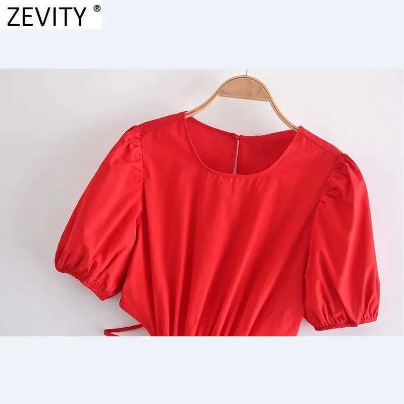 Zevity Women Chic Fashion Hollow Out Poplin Midi Dress Vintage Elastic Waist Backless Bundet Band Kvinnor Klänningar Vestidos DS8295 210603