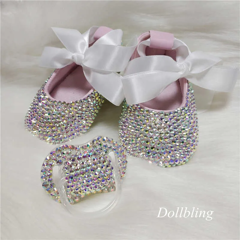 bowknot Custom Sparkle Bling cristais Strass Sapatos de bebê meninas infantil 0-1Y ribbon Sapatos de princesa First Walkers hairband 211021