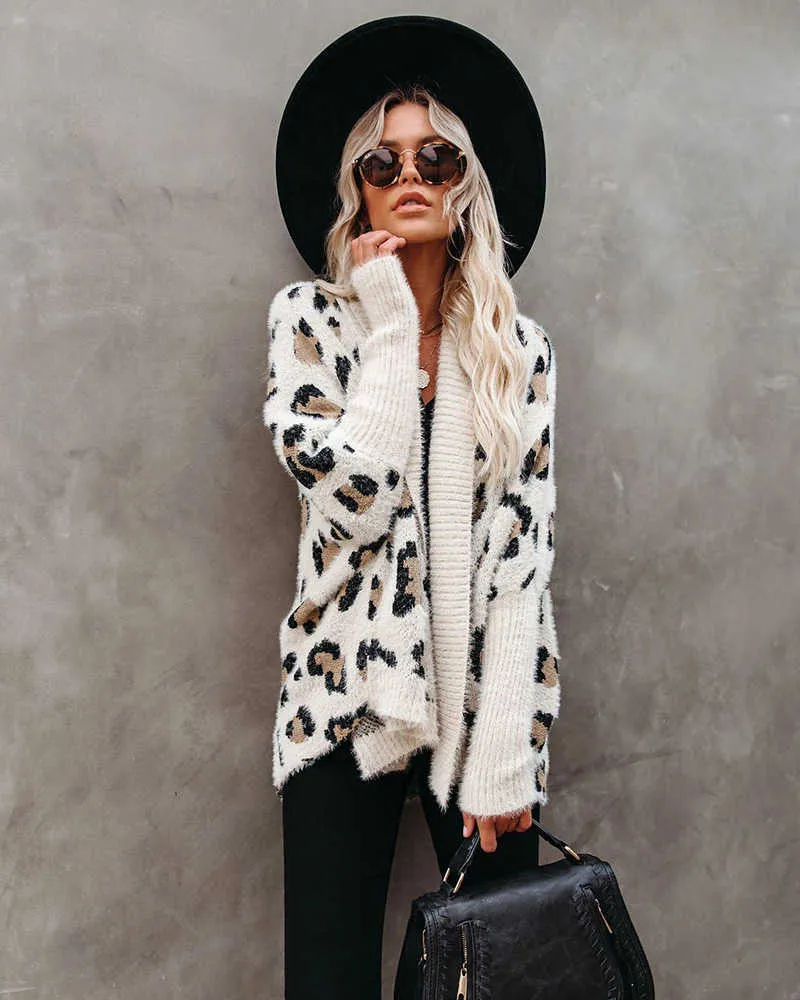 Fithohinling Fuzzy Leopard Long Cardigan Frau Bohemian Slim Batwing Sleeve Overalisierte Pullover Cardiagns für Frauen Wintermantel 210917