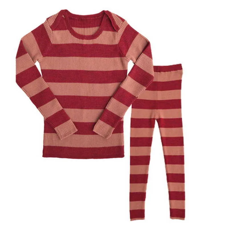 Primavera Niños Niñas 2-PCS Conjuntos Suéter Punto Rayado Top + Pantalones Ajustados Moda Niños Ropa Trajes E22 210610