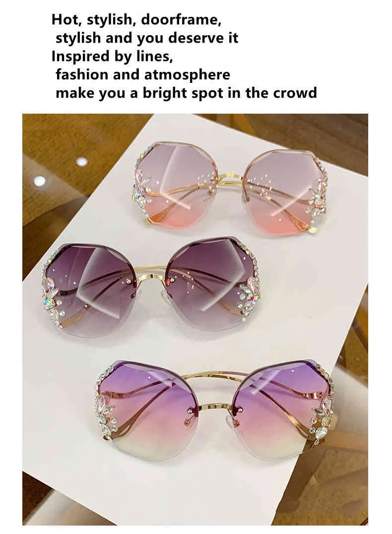 Polygone diamant lunettes sans cadre femmes lunettes surdimensionnées grande taille lunettes alliage cadre strass dégradé lunettes de soleil UV400