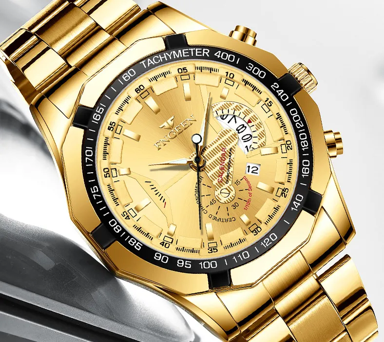 FNGEEN marque blanc acier Quartz hommes montres cristal verre montre Date 44MM diamètre personnalité luxe or élégant homme montre-bracelet221A