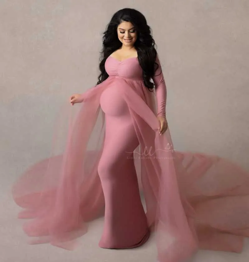 2021 летние беременные тюль длинные платья детское душ хлопчатобумажное платье натягивая беременность фотографии платье с накидкой длинный поезд Y0924