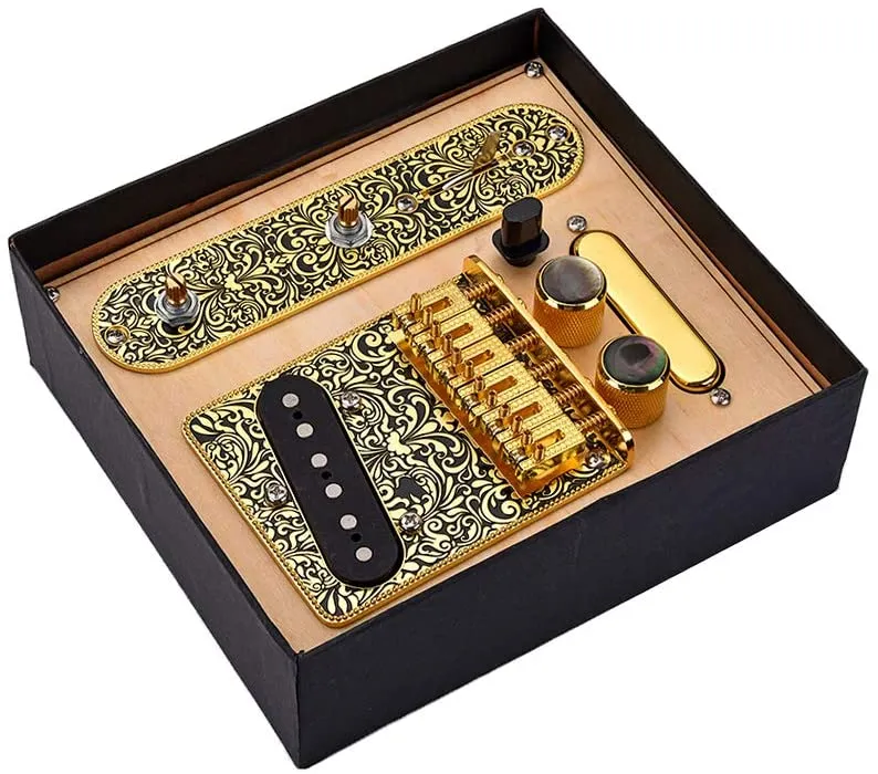 6 Strings Saddle Bridge Plate, 3 Way Switch Control Plate, Neck Pickup Set for Electric Guitars Replacement Parts - Gold