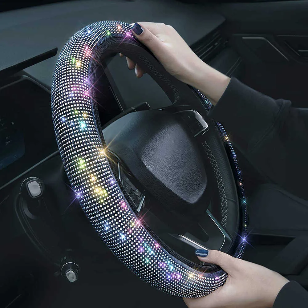 New 15 Inch Color Shiny Rhinestones Steering Wheel Cover Diamond PU Leather Car Steering Cover Universal Auto Accessories253B