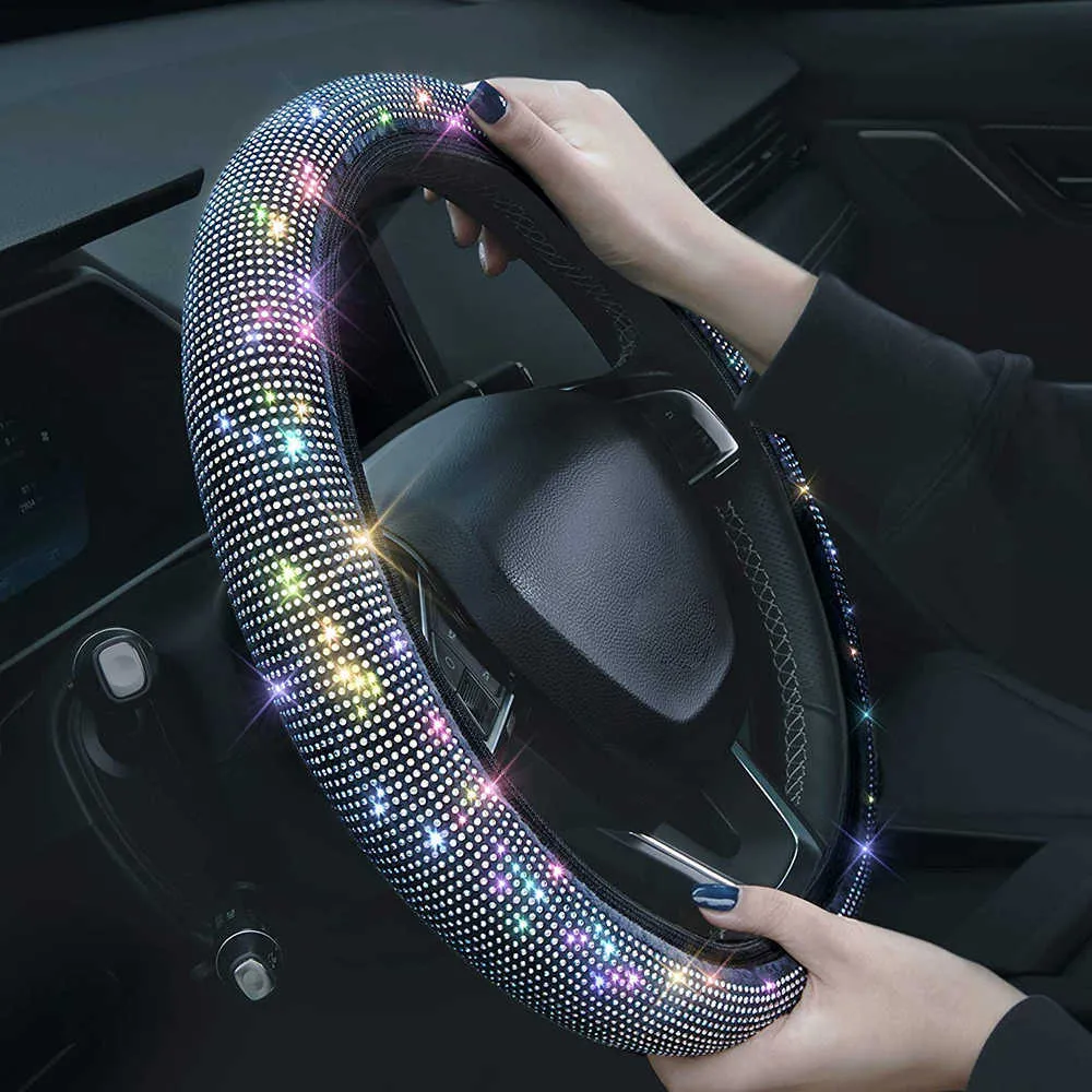 Nova capa de volante de 15 polegadas colorida com strass brilhante couro PU Diamante capa de direção para carro acessórios automotivos universais