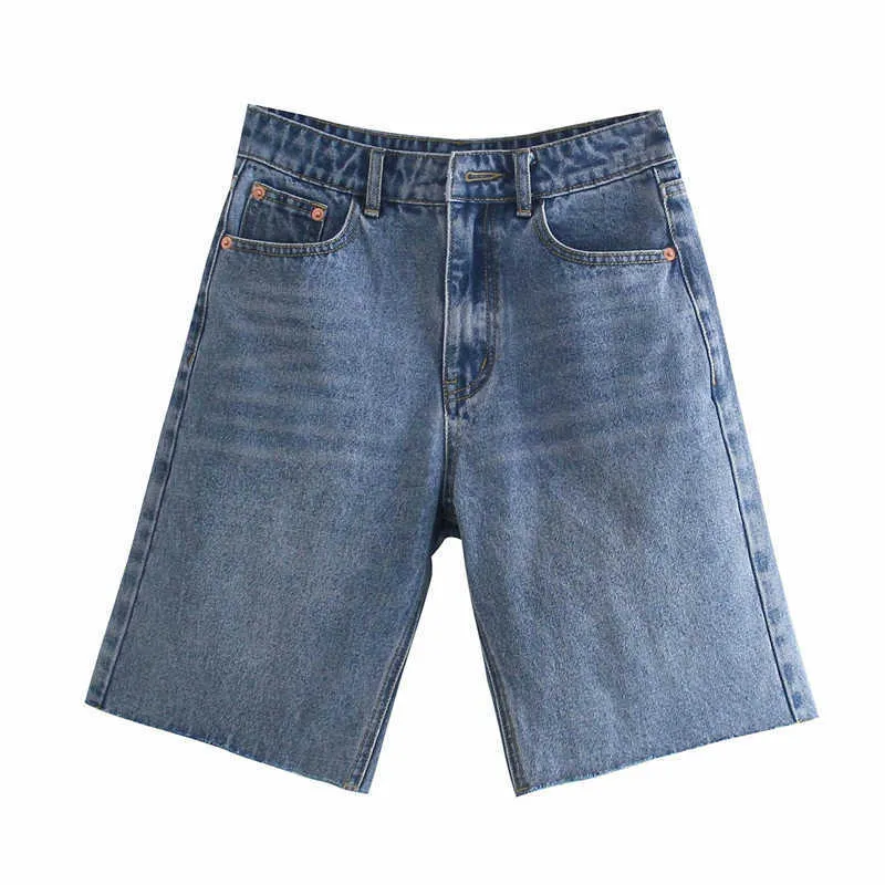 Za été déchiré Denim Shorts femmes taille haute ourlet inachevé Vintage jean mode avant bouton femme bleu pantalon court 210602