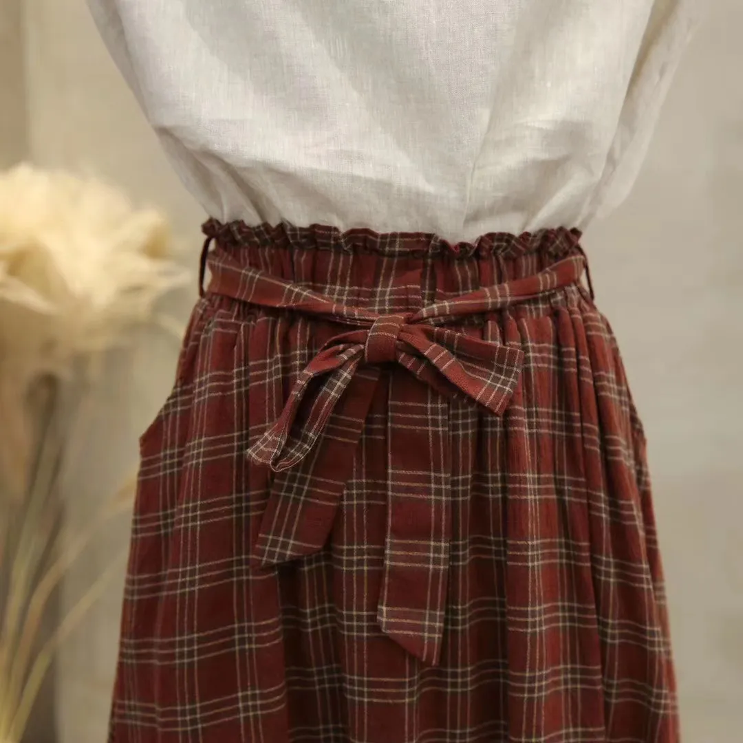 Lamtrip Unique Vintage England plaid Elastic waist A-Line bow belt layers skirt mori girl June new arrival 210306