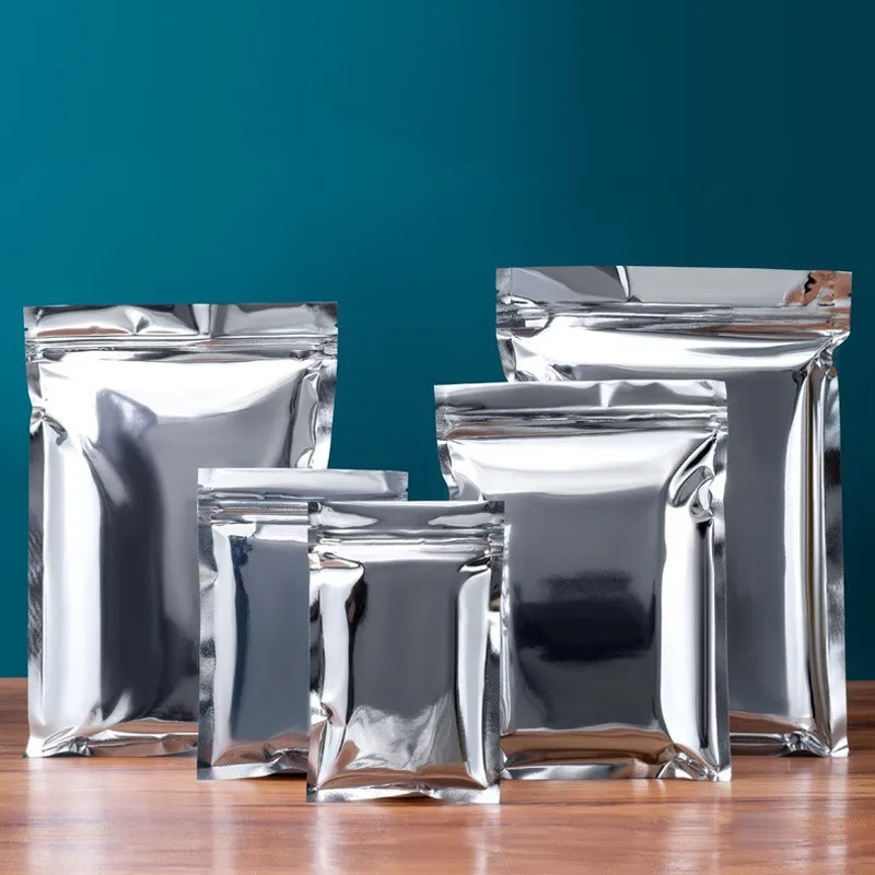Glossy Silver Aluminum Foil Mylar Zipper Lock Bag Flat Resealable Packaging Pouch with Zipper for Food Tea Storage Pack
