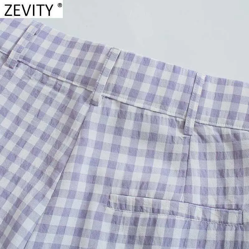 Zevity Kobiety Vintage Plaid Print Casual Proste Spodnie Retro Side Side Zipper Pantalones Mujer Chic Długie Spodnie P1033 210707