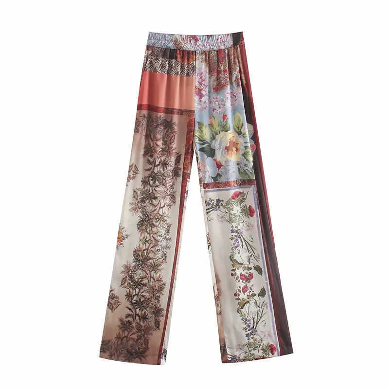 Pseewe Za 2021 Patchwork Spodnie dla Kobiet Wysoka Talia Lato Kobieta Spodnie Vintage Drukuj Elastyczna Talia Dorywczo Luźne Spodnie Ustawia Q0801
