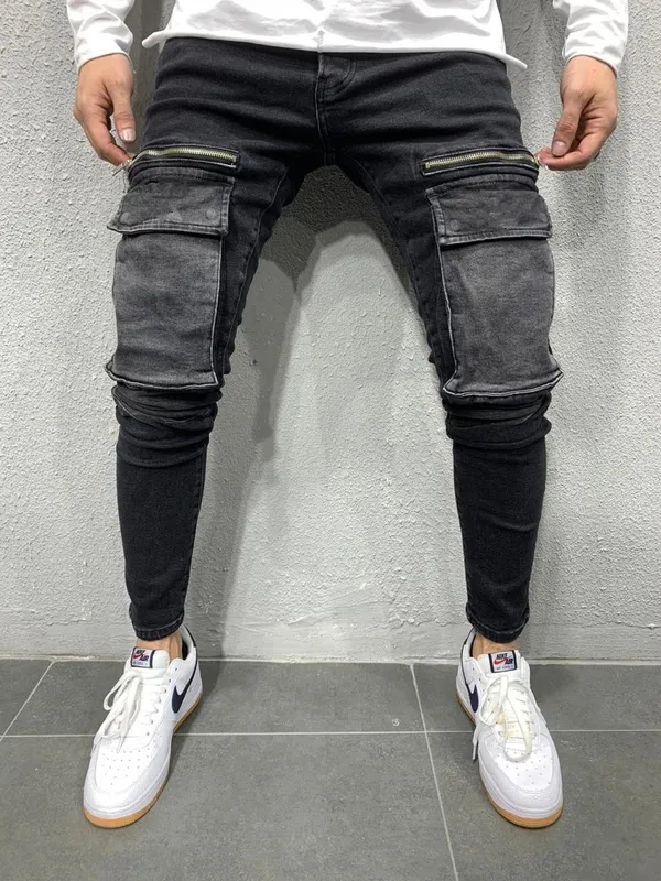 Hommes extensible multi-poches jean moulant hommes poche fermeture éclair crayon pantalon mode jean pantalon décontracté Hip hop pantalons de survêtement 220314