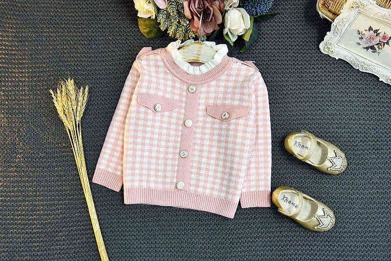 秋の女の子の衣装チェック柄ニットアガリックカラーセータートップスカートファッション韓国の小さな女の子服セット暖かいかわいい子供服G220310