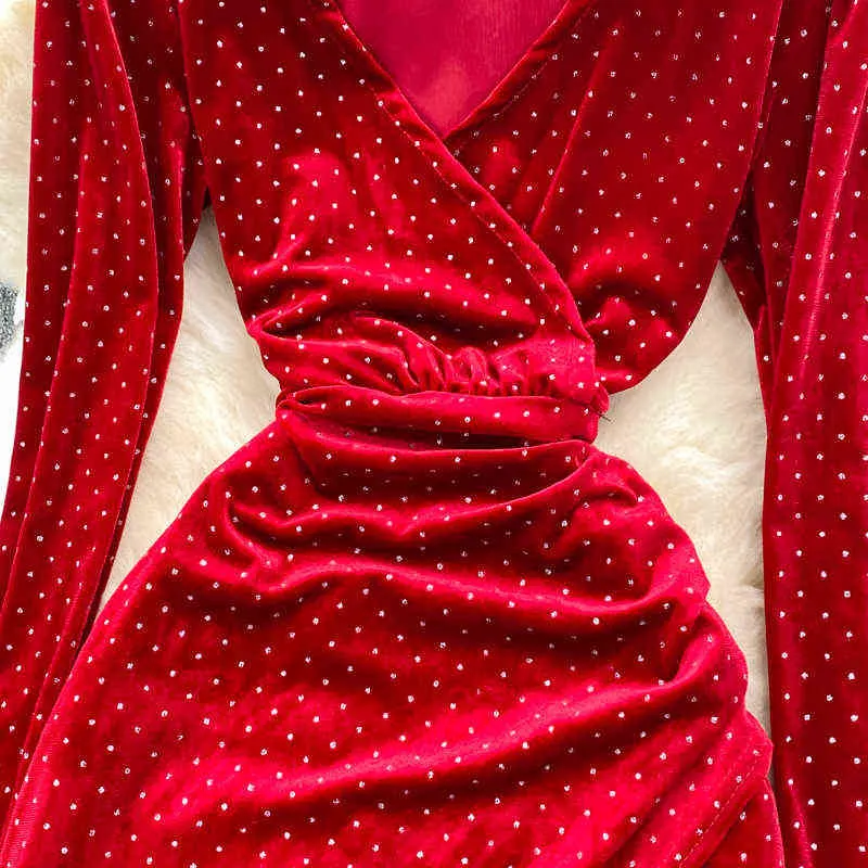 Herbst Winter Schwarz/Rot Polka Dot Samt Party, Figurbetontes Kleid Vintage V-ausschnitt Langarm Hohe Taille Mantel Split Vestidos neue Y1204