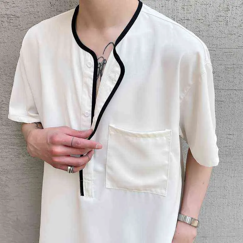 Kall sommarvind, färgkontrast, inslagna kant, högkvalitativ avslappnad rund hals kortärmad tröja, moderiktig pullover, is silke g1217
