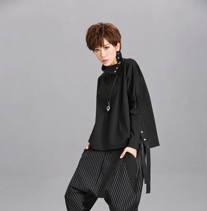 EAM Loose Fit Black Ribbon Split Sweatshirt Nieuwe High Collar Long Sleeve vrouwen Big Size Fashion Spring Autumn LJ200808