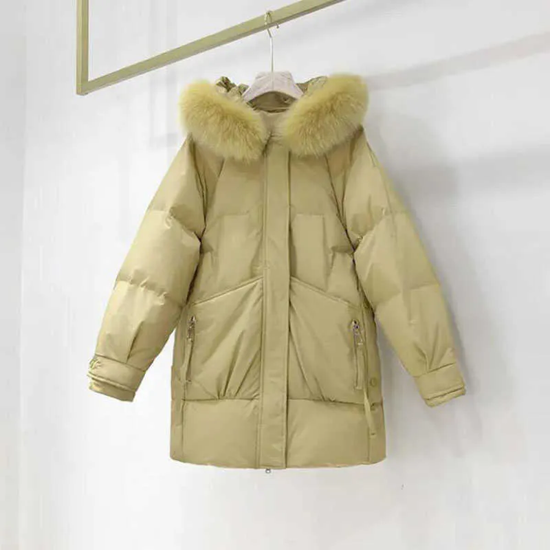 Parka rembourrée en coton veste femmes grand col en fourrure mi-long manteau rembourré épaissir duvet de canard 210531