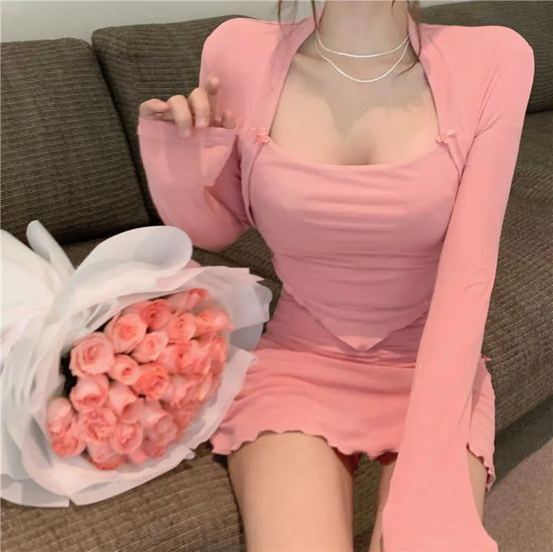 가짜 두 개의 불규칙한 티셔츠 여성 여름 얇은 자외선 차단제 순수 정욕 달콤한 소녀 짧은 핑크 긴팔 탑 210529