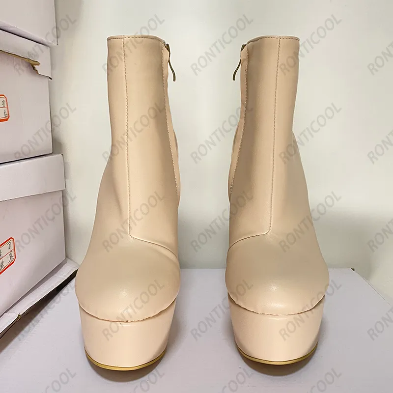 Rontic 2021 Handgemachte Damen Winter Plateau Stiefeletten Reißverschluss Stiletto Absatz Runde Zehen Beige Alltagsschuhe Plus US Größe 5-20