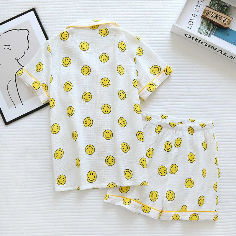 Summer Women's Style Cotton Gauze Short-sleeved Shorts Casual Pajamas Suit Crepe Smiley Thin Home Pygama Femme 210809