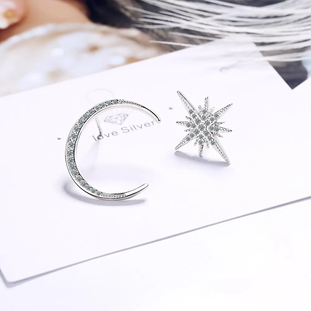 Echte 925 Silber Ohrstecker für Mädchen Modeschmuck Hochzeitsgeschenk Kristall Mond Stern