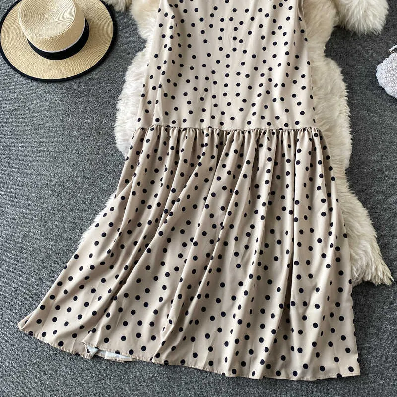 Svart / beige polka dot lång klänning kvinnor elegant rund hals ärmlös stor swing ruffle vestidos kvinnlig 2021 sommar mode robe y0603