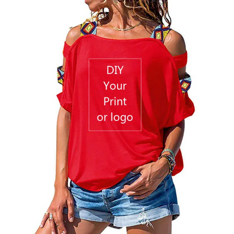 Özelleştirilmiş Baskı T Gömlek Kadınlar Için DIY Gibi Fotoğraf Veya Üst T-Shirt Femme Kısa Kollu Seksi Oymak Omuz Top Y0621