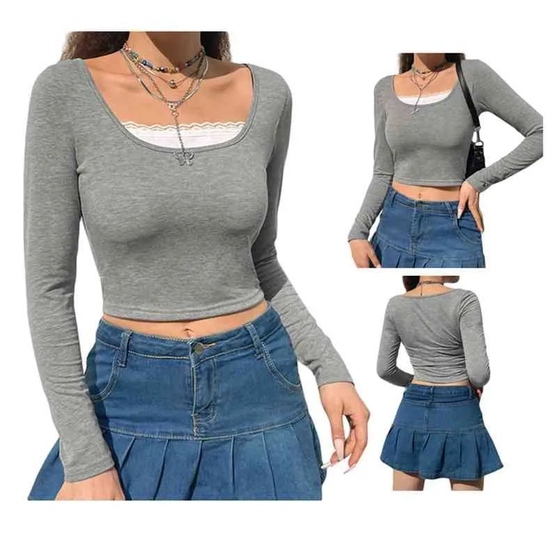 Womenu2019s Casual Long Sleeve T-shirt Fashion Contrast Color Lace Trim Square Collar Exposed Navel Tops G220228