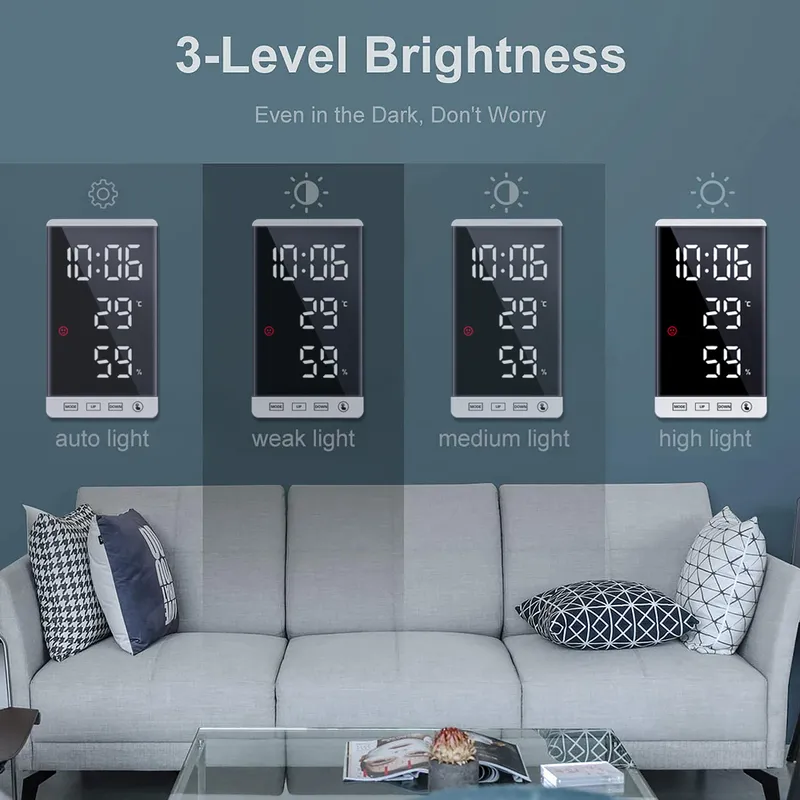 6-Zoll-LED-Spiegel-Wecker, Touch-Taste, Wand, digitale Zeit, Temperatur, Luftfeuchtigkeit, Anzeige, USB-Ausgang, Tisch, 220311