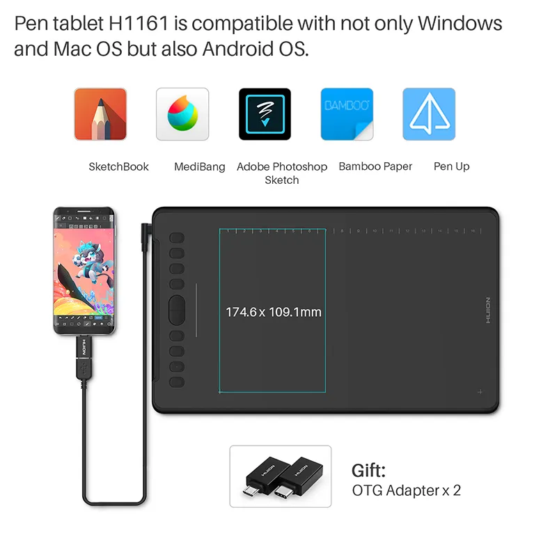 HUION H1161 Tavoletta grafica digitale Batteria - Stilo penna con funzione di inclinazione Supporto Android Win e dispositivo Mac