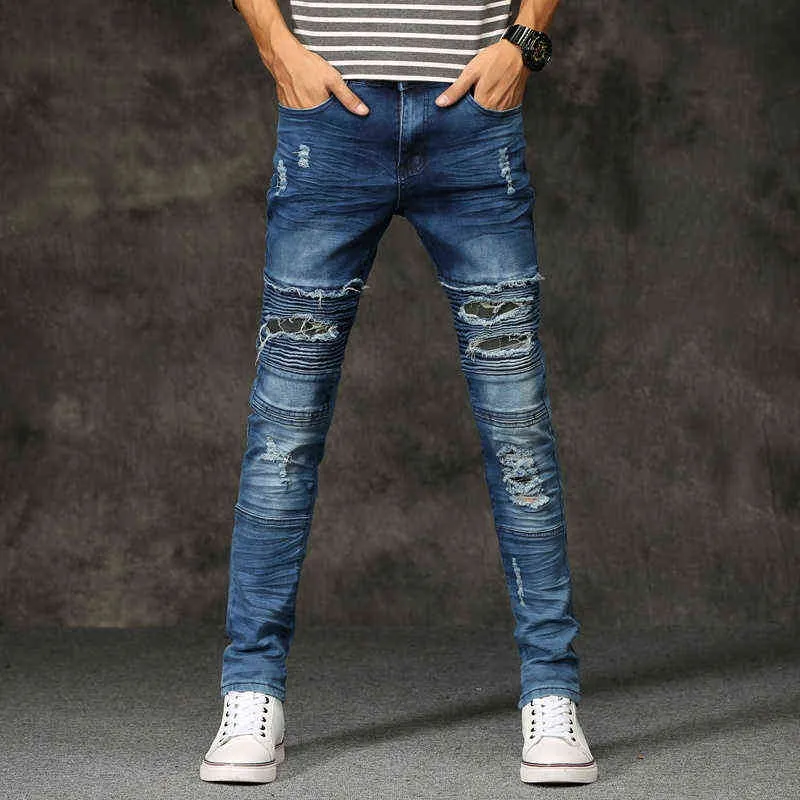 Jeans pour hommes Ripped détruit Biker Hip Hop Pantalon en denim extensible Slim Fit Mâle Patchs Trou High Street Pantalon 211111
