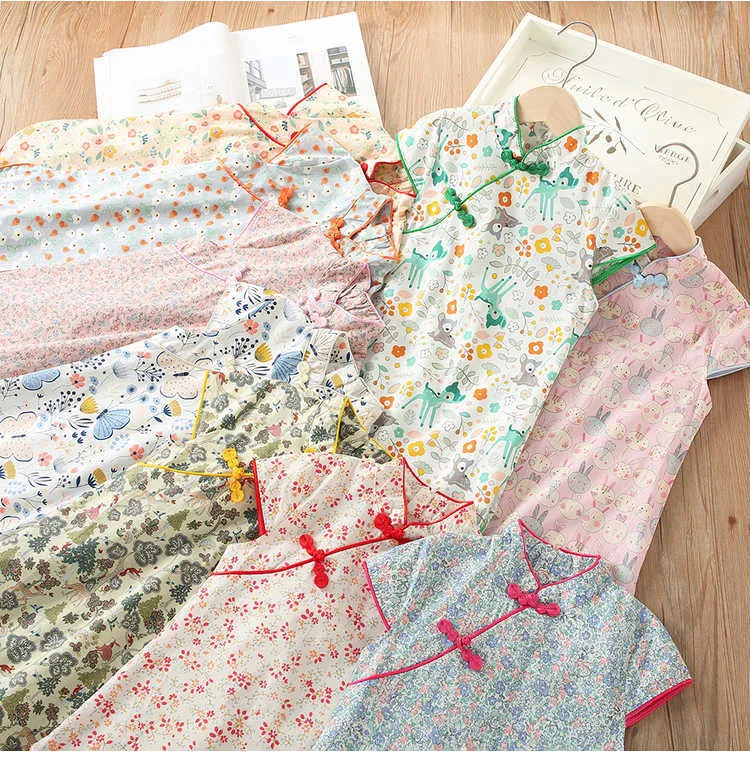 Zomer 2 3 4 6 7 8 9 10 jaar Chinese etnische vintage stijl crew hals floral katoen cheongsam jurk voor kinderen baby meisje 210625