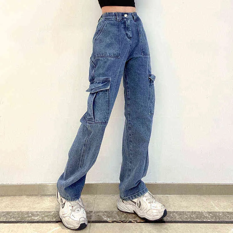 JMPRS Taschen Patchwork Frauen Baggy Jeans Mode Y2K Streetwear 100% Baumwolle Denim Hosen Lose Cargo Harajuku Schwarze Hose 211129