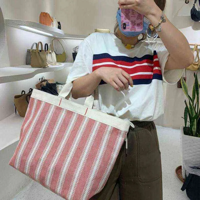 Shopping Bags Vintage Designer Canvas Handbags for Women Stripe Picnic Tote Casual Big Shoulder Ladies Fashion Summer Bucket Bag Purses 220301