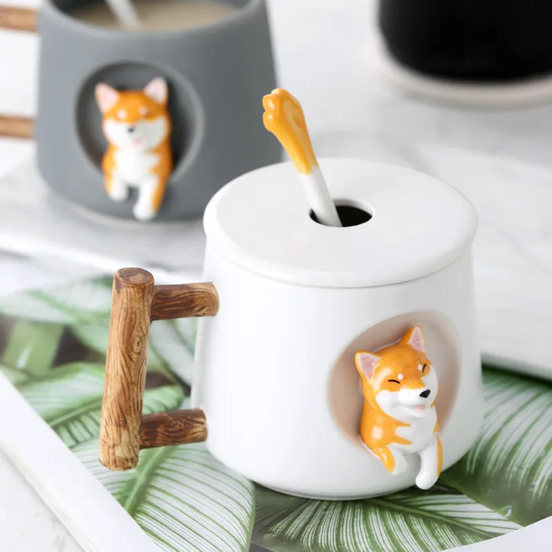 Criativo bonito artesanal shiba inu caneca com tampa colher cerâmica canecas de cachorro copo personalizado para café chá cozinha utensílios de mesa amor presente l263i