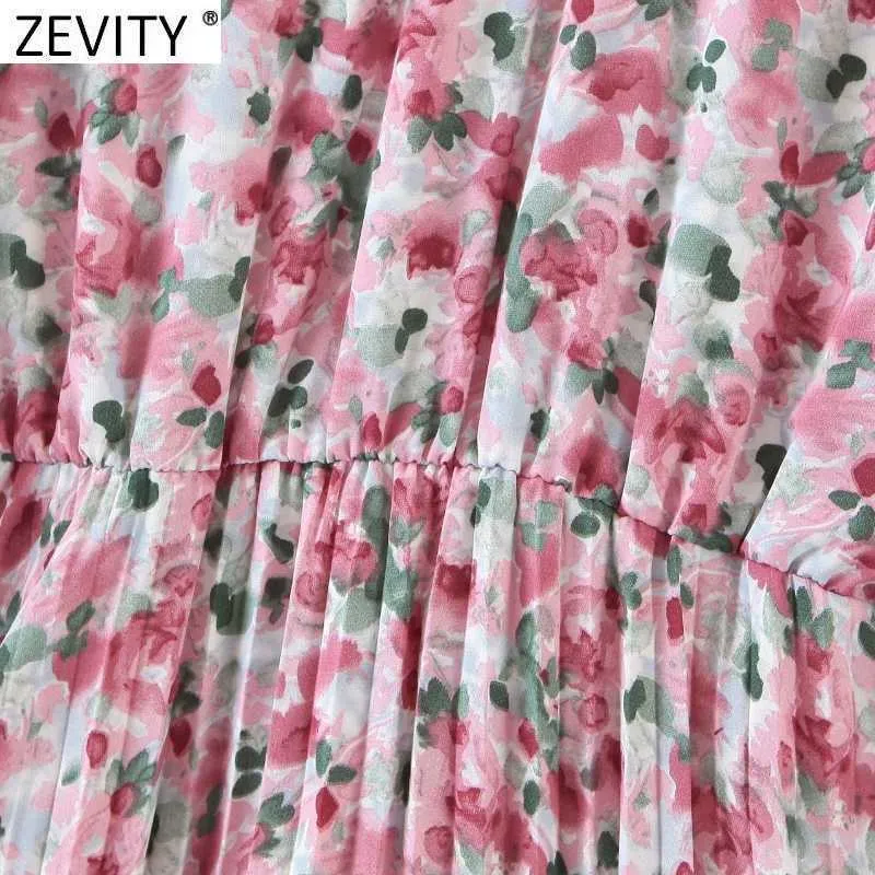 Zevity Women Sweet Agaric Lace Pink Floral Print Casual Pleated Midi Dress Female Three Quarter Sleeve Party Vestido DS4910 210603