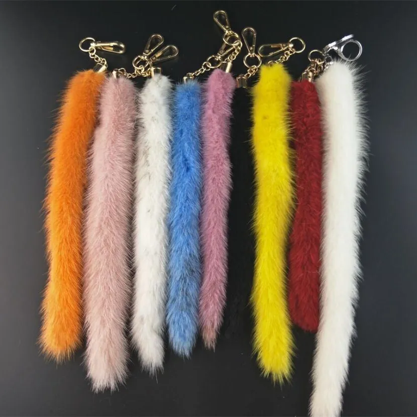 Äkta mink päls svans nyckelring bil dekoration hänge mode färger väska charm gåvor för kvinnor