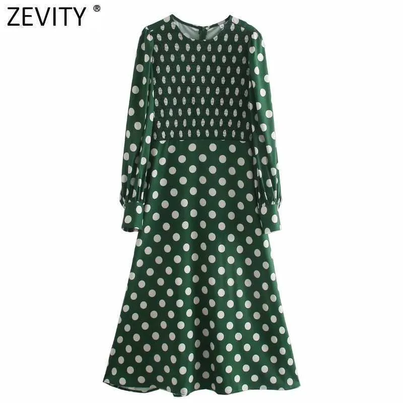 Zevity Women Vintage Long Sleeve Polka Dot Print A Line Midi Dress Office Lady Chic Elastic Patchwork Casual Vestido DS4710 210603