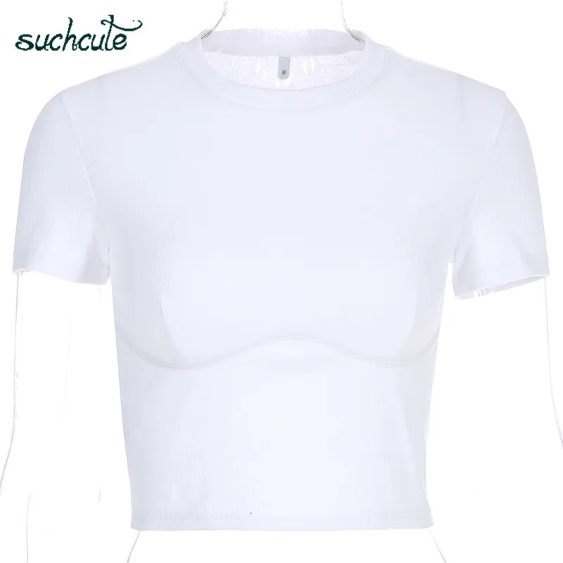 SUCHCUTE Camiseta femenina Crop Top Camisa blanca Correa Poleras Mujer De Moda Verano Polera Blanca Hot Casual Estilo coreano Mujeres T200614