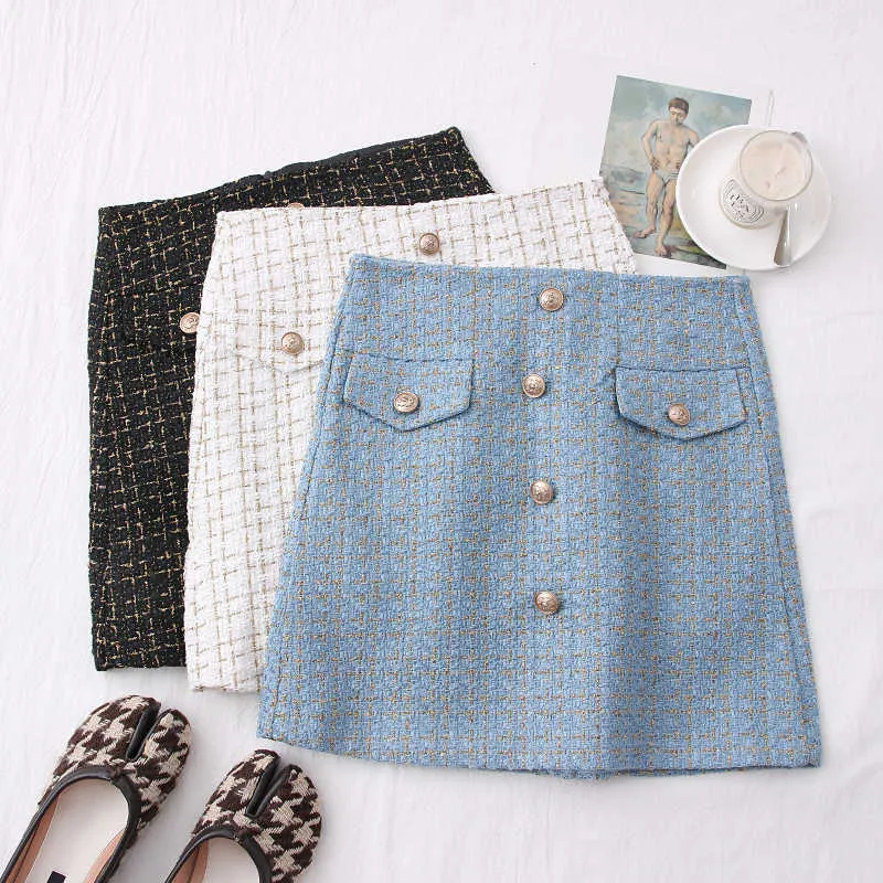 Tweed Skirts for Women Solid High Waist Slimming Autumn Spring Buttons Double Breasted Wool Mini Skirt 210705