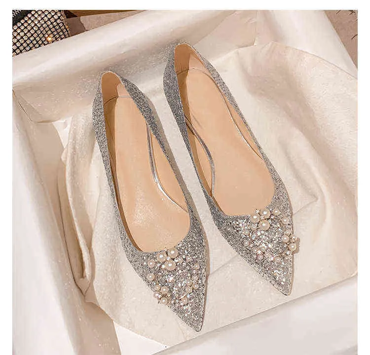 Parel Kraal Bloem Trouwschoenen Vrouw Luxe Goud/Zilver Glitter Flats 34-44 Big Size Bruid Schoenen Puntschoen Chaussure Femme