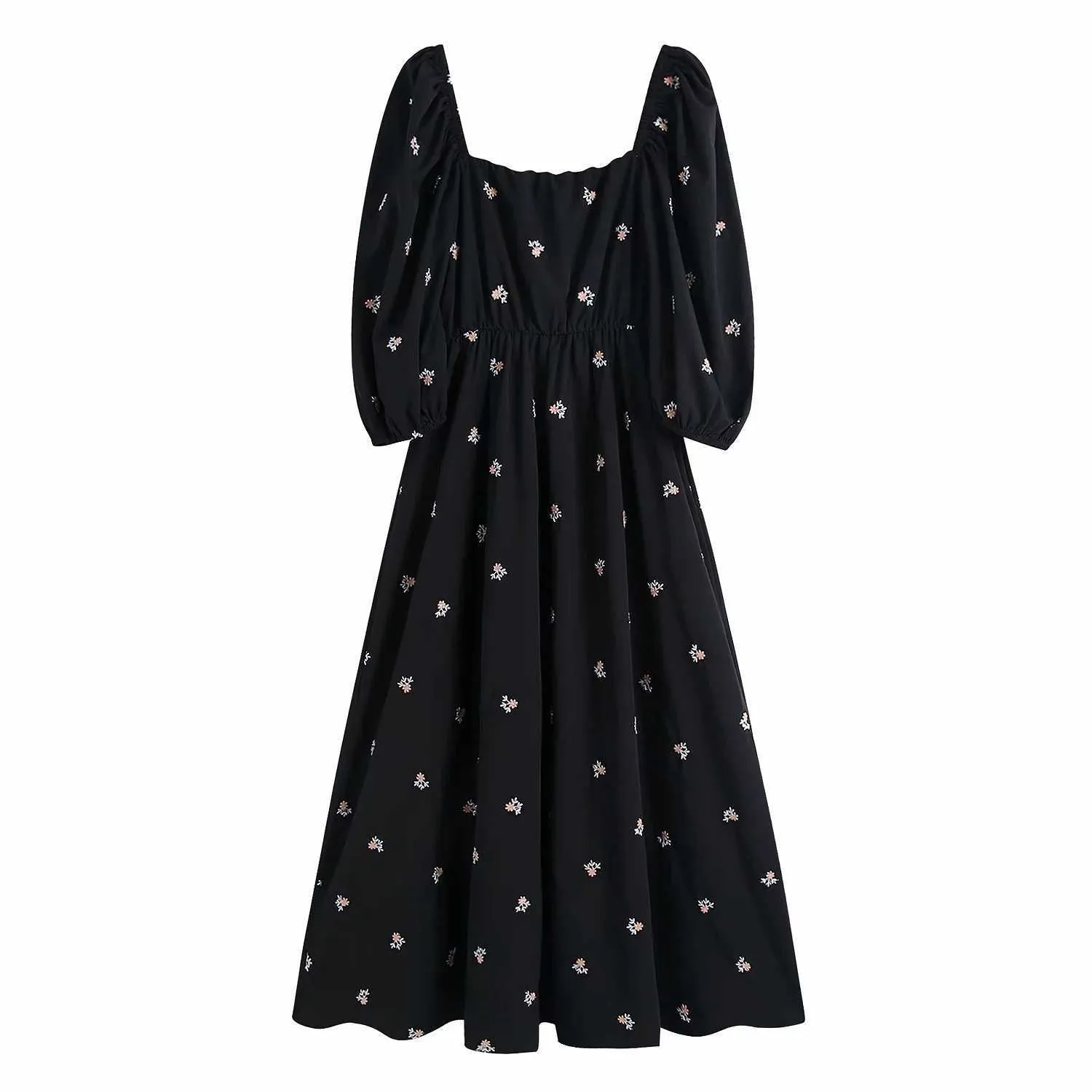 ZA Femmes Style Printemps Été Tempérament doux Col carré Bubble Manches Taille Robes de broderie Robe noire 210602