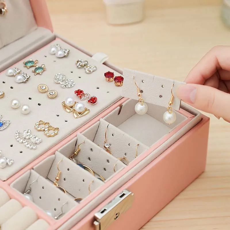 صندوق مجوهرات مزدوج الطبقات جديدة سعة عالية السعة تخزين مربع مربع جلدي الأذن زخرفة متعددة الوظائف مربع مجوهرات كبيرة 210315200Q